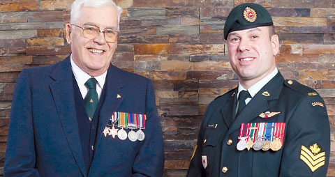 Two war amputee veterans standing side by side.