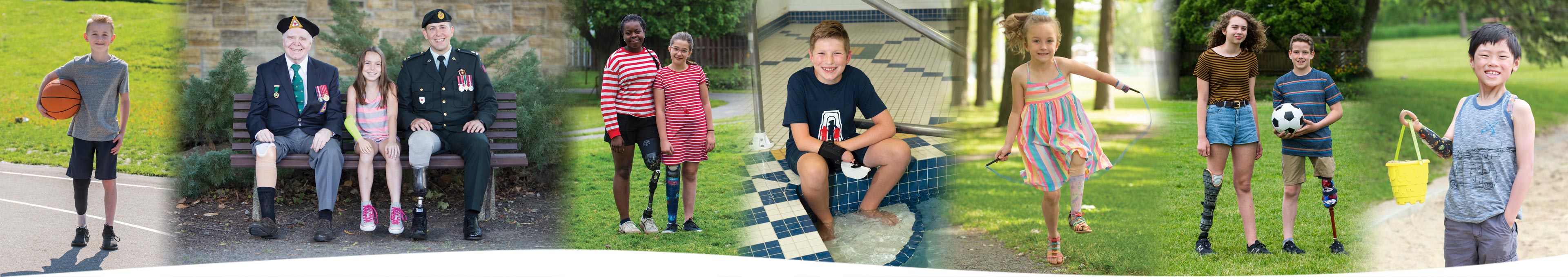 A collection of images showing young amputees playing sports or doing activities, as well as a photo of two war amputee veterans.