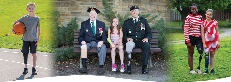 A collection of images showing young amputees playing sports or doing activities, as well as a photo of two war amputee veterans.