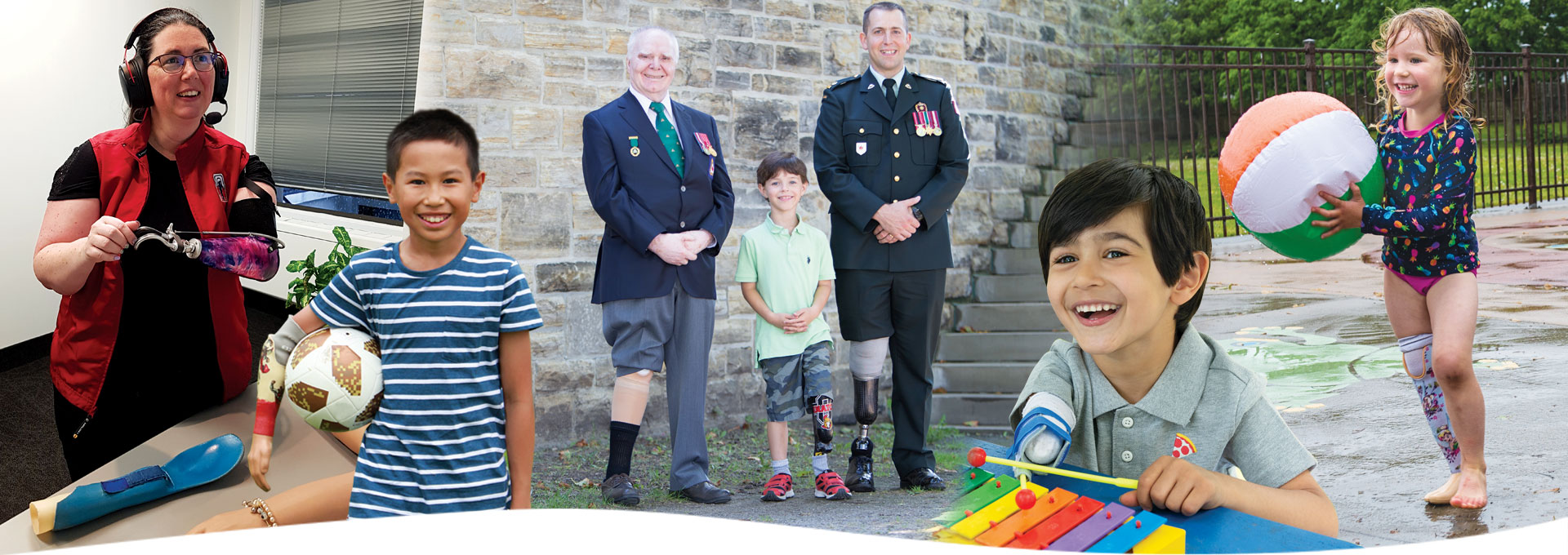 A collection of images showing amputees of all ages playing sports or doing activities, as well as a photo of two war amputee veterans.