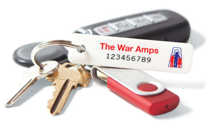 A set of keys with a War Amps key tag attached. Order key tags.