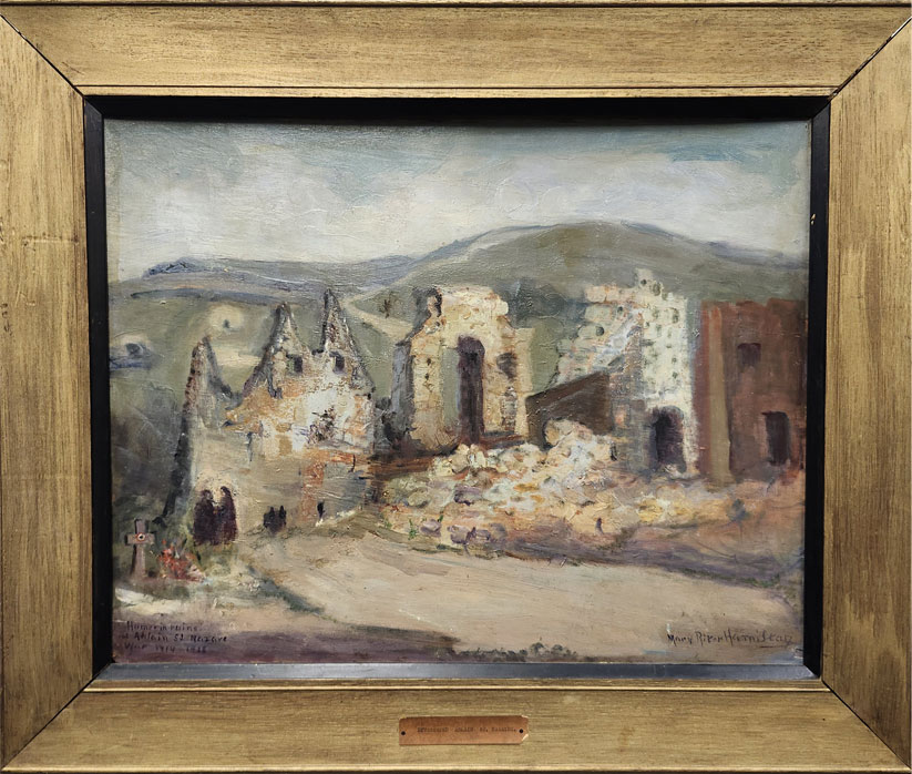 A gold-framed painting of a ruined village.