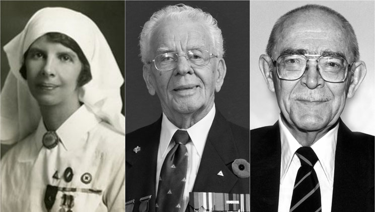 A black and white collage of First World War amputee veteran Madeleine Jaffray, Second World War amputee veteran Mike Krulicki and Korean War amputee veteran Arthur Johnson.