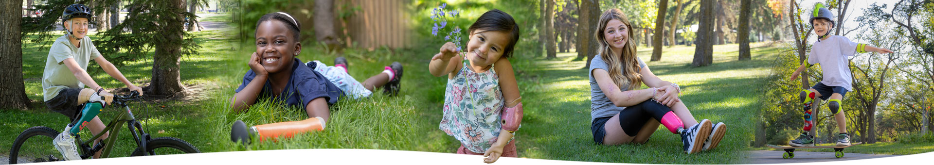 A collage of young amputees outside, all wearing artificial limbs.