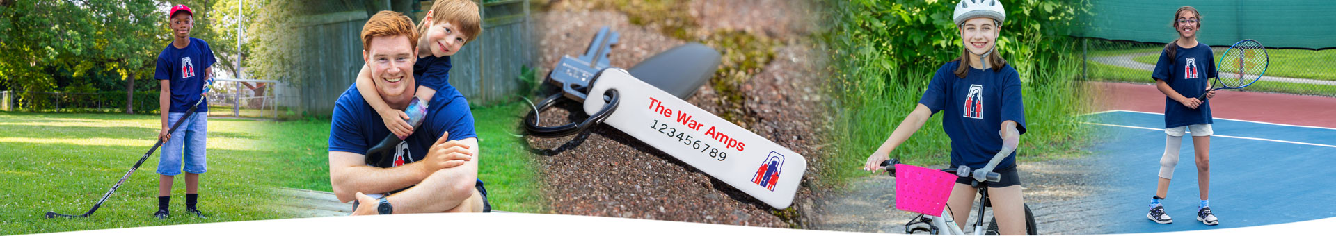 A banner that shows young amputees participating in activities, with a set of keys with a War Amps key tag. 