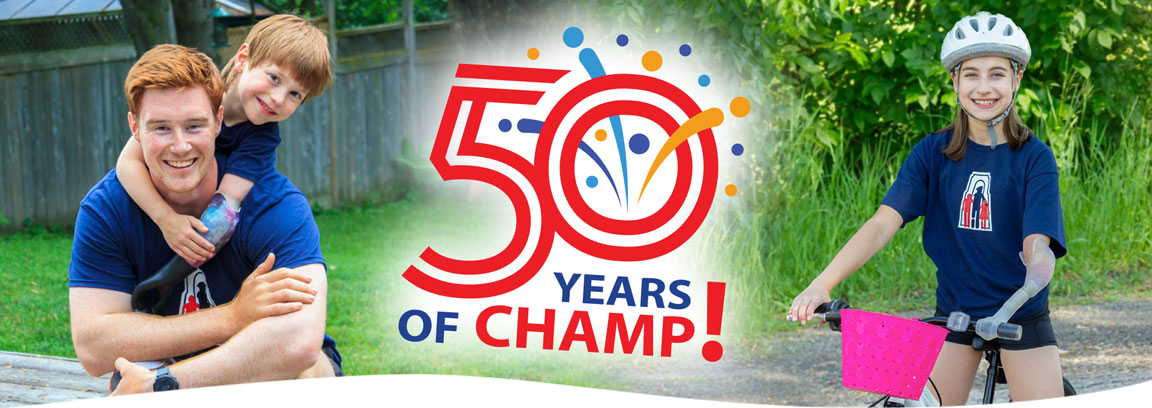 A banner that shows young amputees participating in activities, with text that reads “50 years of CHAMP!”