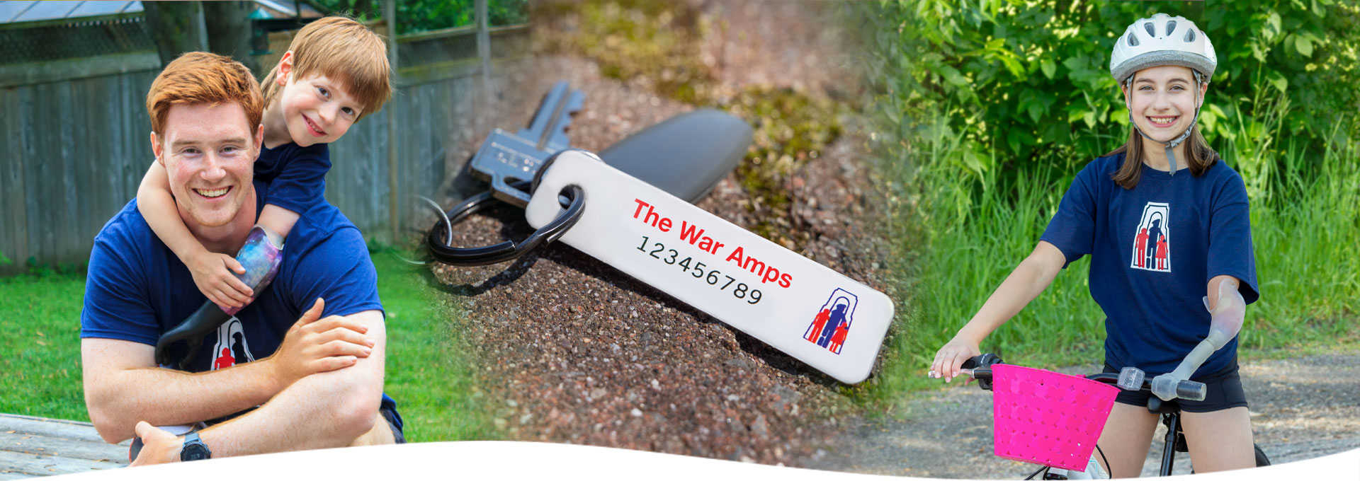 A banner that shows young amputees participating in activities, with a set of keys with a War Amps key tag.