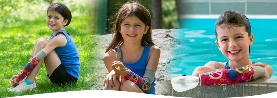 A collage of Sophia which show her using different attachments on her artificial arm to do activities.