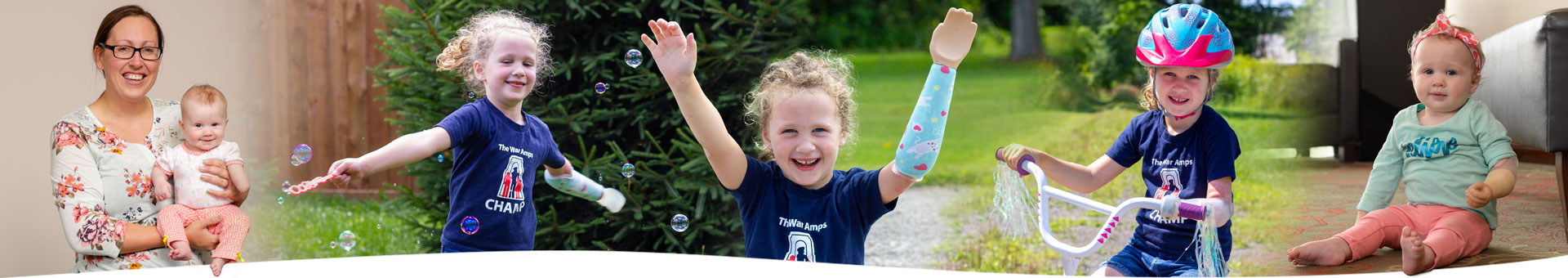 A photo collage of Vanessa, a young arm amputee, at different ages wearing her artificial limb and participating in activities like riding her bike.