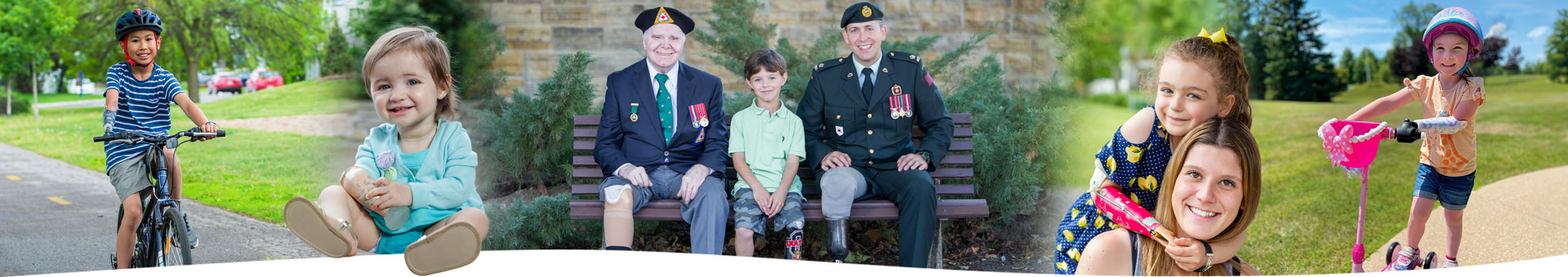 Collage of war amputee veterans and child amputees.