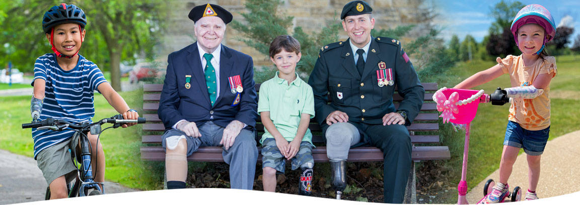 Collage of war amputee veterans and child amputees.