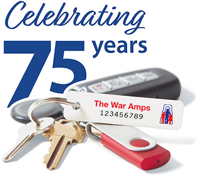 A set of keys with a War Amps key tag attached. Order key tags.